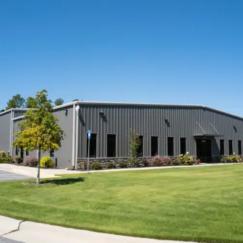 Pre-engineered commercial steel building with glass storefront